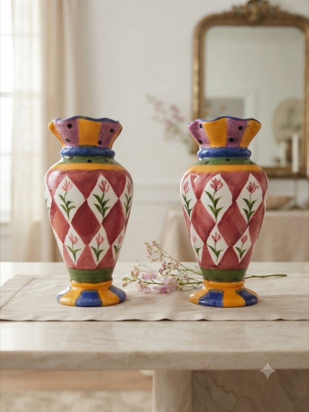 Pair of Vintage Hand-Painted Ceramic Vases - Harlequin and Floral